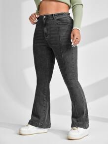 SHEIN EZwear 大碼高腰接縫細節牛仔喇叭褲 - 深灰色 - 查看 3