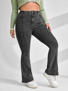 SHEIN EZwear 大碼高腰接縫細節牛仔喇叭褲 - 深灰色 - 查看 4