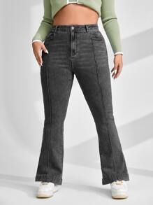 SHEIN EZwear 大碼高腰接縫細節牛仔喇叭褲 - 深灰色 - 查看 6