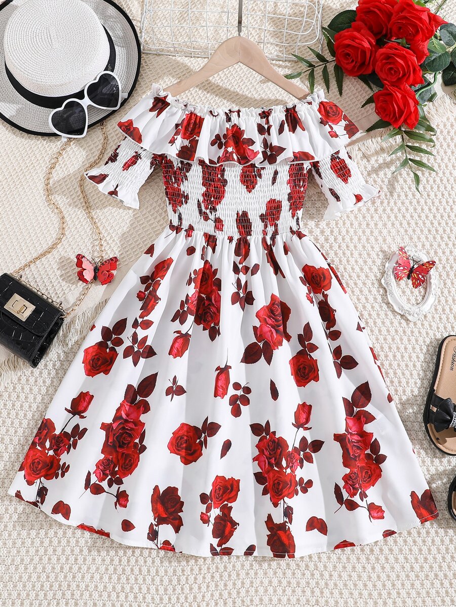 SHEIN Chicas Vestido con estampado floral de hombros descubiertos ribete con fruncido - Rojo y blanco - Ver 1