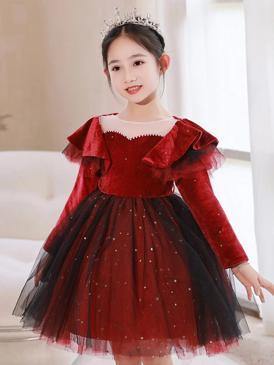 Girls Ruffle Trim Star Mesh Hem Party Dress - Burgundy - View 1