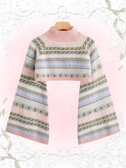 Kawaii كنزة صوف قصير نمط هندسي أكمام جرس