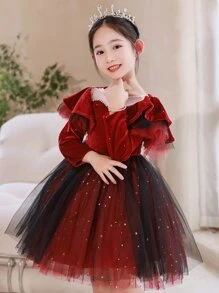 Girls Ruffle Trim Star Mesh Hem Party Dress - Burgundy - View 4