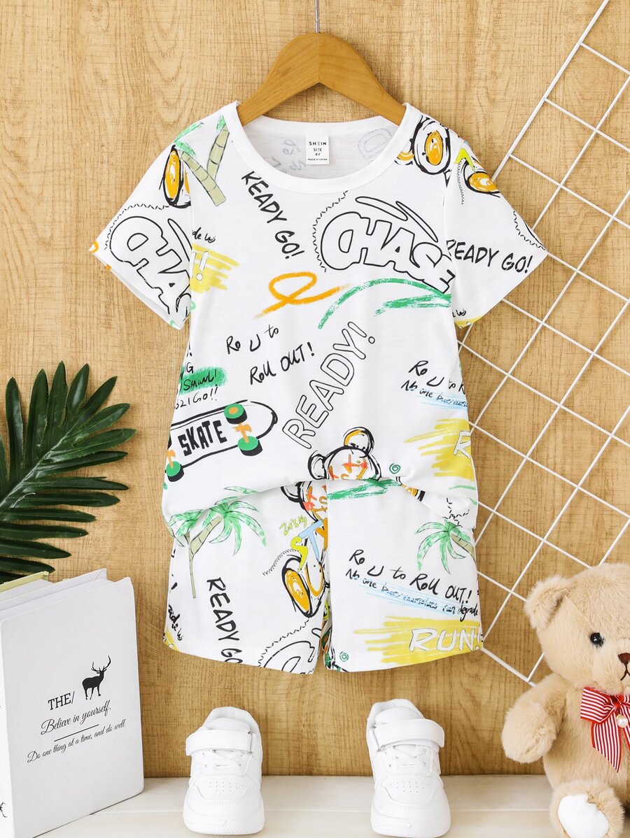 SHEIN 小男童卡通和字母圖案T恤和短褲