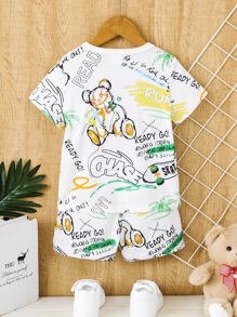 SHEIN 小男童卡通和字母圖案T恤和短褲