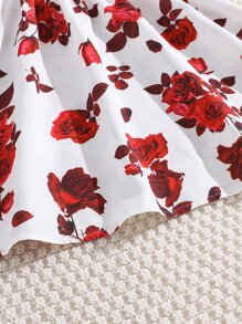 SHEIN Chicas Vestido con estampado floral de hombros descubiertos ribete con fruncido - Rojo y blanco - Ver 3
