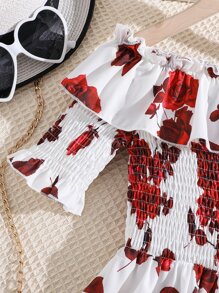 SHEIN Chicas Vestido con estampado floral de hombros descubiertos ribete con fruncido - Rojo y blanco - Ver 4