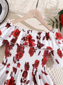 SHEIN Chicas Vestido con estampado floral de hombros descubiertos ribete con fruncido - Rojo y blanco - Ver 5