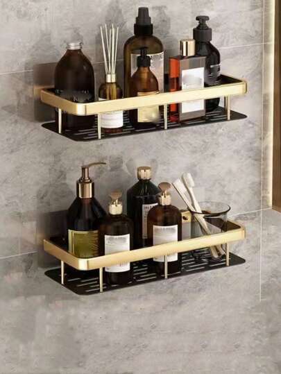 1个铝制壁挂式浴室收纳架，现代黑色浴室置物架，适用于浴室及其他浴室配件