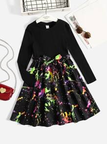 SHEIN Girls Reflective Splatter Paint Belted Dress - Multicolor - View 6