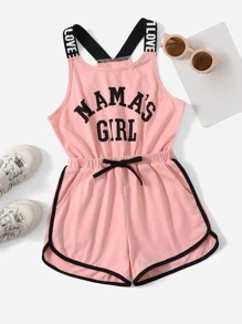 SHEIN Young Girl Slogan Pattern Contrast Binding Bow Front Romper - Dusty Pink - View 1