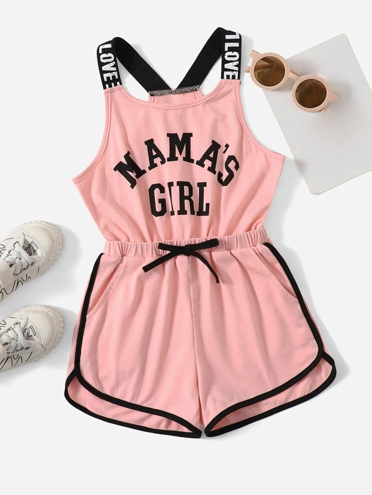Young Girl Slogan Pattern Contrast Binding Bow Front Romper