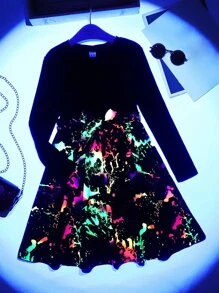 SHEIN Girls Reflective Splatter Paint Belted Dress - Multicolor - View 7