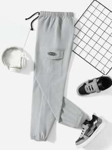 SHEIN 男孩字母補丁細節側翻蓋口袋長褲 - 淺灰色 - 查看 1