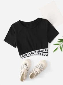 SHEIN Tween Girls Cropped Loose Fit Round Neck Letter Print Patchwork T-Shirt - Black - View 1