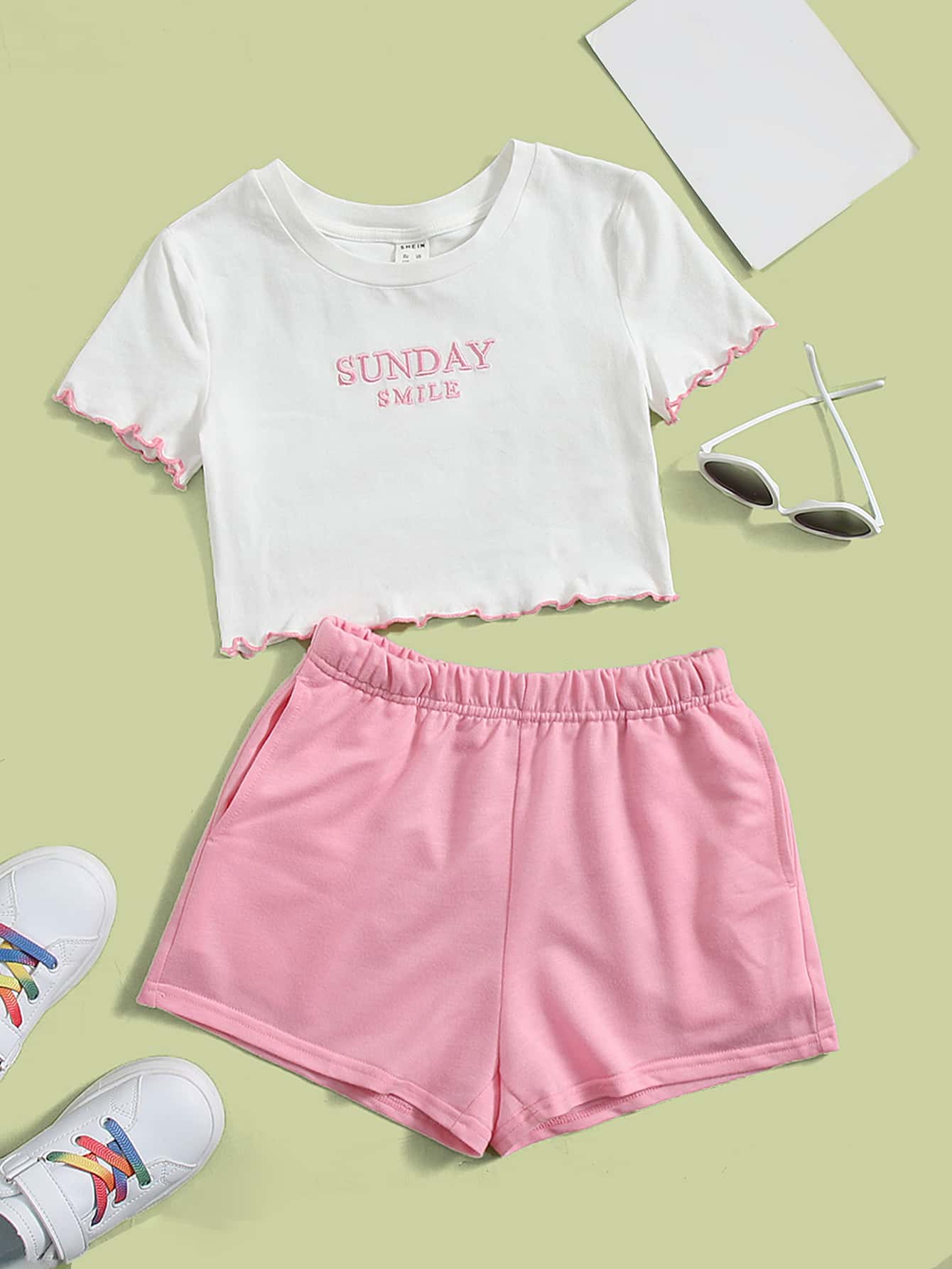 SHEIN Girls Letter Embroidery Lettuce Trim Tee & Track Shorts Set - Multicolor - View 1