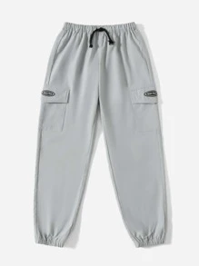 SHEIN 男孩字母補丁細節側翻蓋口袋長褲 - 淺灰色 - 查看 3