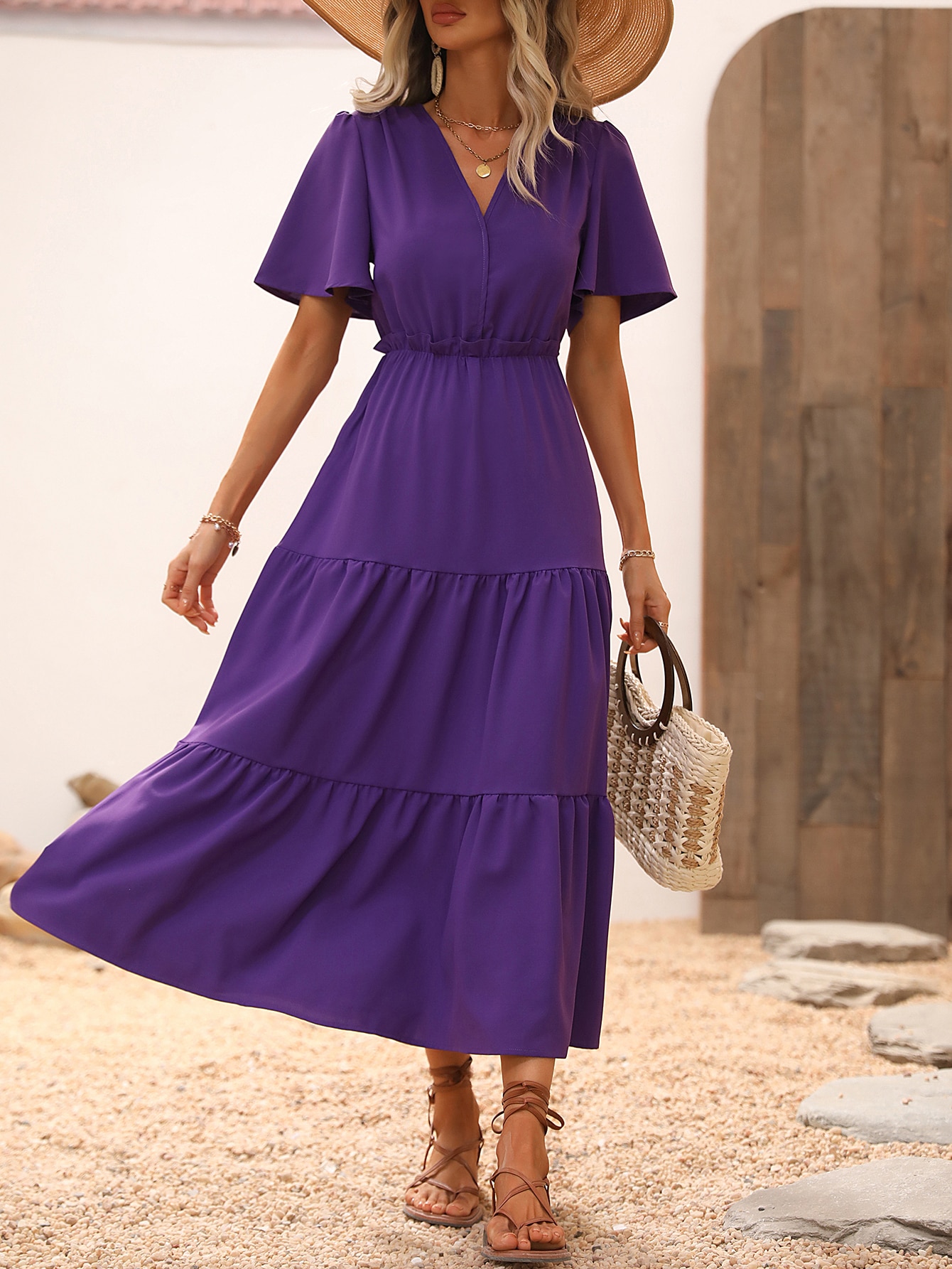 SHEIN VCAY V Neck Butterfly Sleeve Layered Hem Dress SHEIN USA