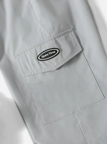 SHEIN 男孩字母補丁細節側翻蓋口袋長褲 - 淺灰色 - 查看 5