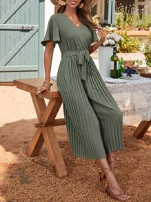 SHEIN Clasi Butterfly Sleeve Pleated Belted Jumpsuit - Green - View 3