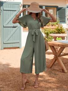 SHEIN Clasi Butterfly Sleeve Pleated Belted Jumpsuit - Green - View 4
