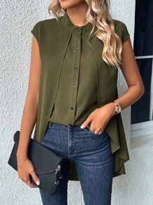SHEIN LUNE Áo sơ mi nữ Cao thấp Uốn nếp Nút phía trước màu trơn Giải trí - xanh quân đội - Xem 1