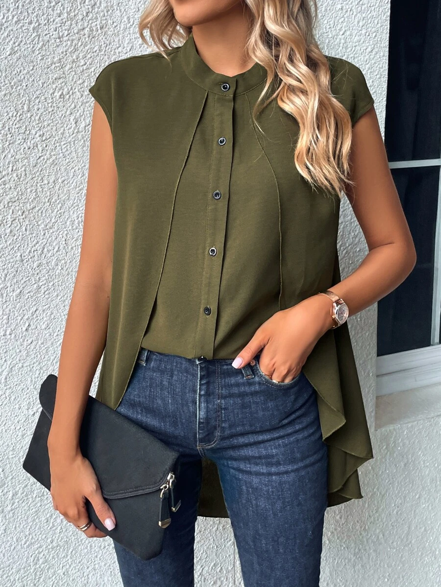 SHEIN LUNE Áo sơ mi nữ Cao thấp Uốn nếp Nút phía trước màu trơn Giải trí - xanh quân đội - Xem 1