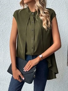 SHEIN LUNE Áo sơ mi nữ Cao thấp Uốn nếp Nút phía trước màu trơn Giải trí - xanh quân đội - Xem 4