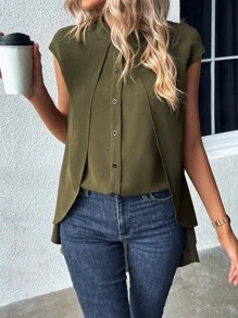 SHEIN LUNE Áo sơ mi nữ Cao thấp Uốn nếp Nút phía trước màu trơn Giải trí - xanh quân đội - Xem 5