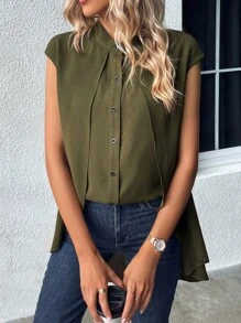 SHEIN LUNE Áo sơ mi nữ Cao thấp Uốn nếp Nút phía trước màu trơn Giải trí - xanh quân đội - Xem 6