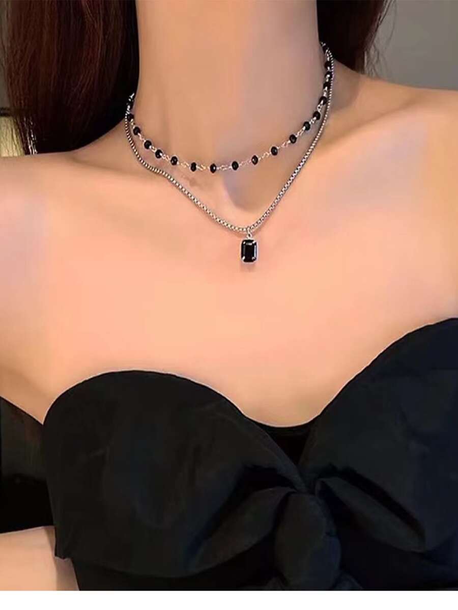 Collar de cadena a capas con diseño de cristal - Negro - Ver 1