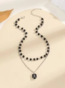 Collar de cadena a capas con diseño de cristal - Negro - Ver 2