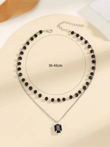 Collar de cadena a capas con diseño de cristal - Negro - Ver 3