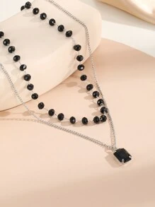 Collar de cadena a capas con diseño de cristal - Negro - Ver 4