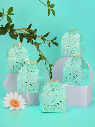 5入組紙質禮盒創意蝴蝶和花卉圖案鏤空禮盒適合家庭派對