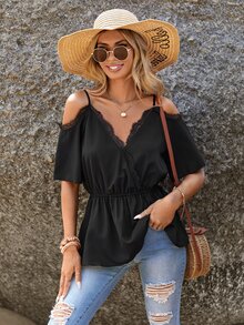 SHEIN LUNE Lace Trim Cold Shoulder Peplum Blouse - Black - View 3