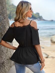 SHEIN LUNE Lace Trim Cold Shoulder Peplum Blouse - Black - View 2