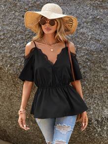SHEIN LUNE Lace Trim Cold Shoulder Peplum Blouse - Black - View 1