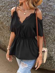 SHEIN LUNE Lace Trim Cold Shoulder Peplum Blouse - Black - View 4