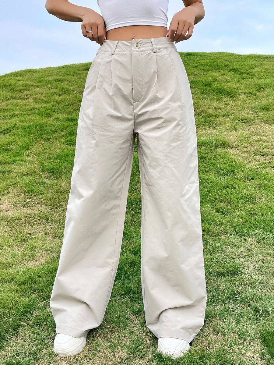 SHEIN Unity Solid Wide Leg Trousers - Khaki - View 1