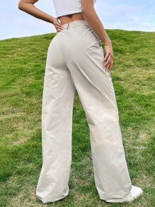 SHEIN Unity Solid Wide Leg Trousers - Khaki - View 2