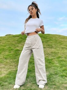 SHEIN Unity Solid Wide Leg Trousers - Khaki - View 5