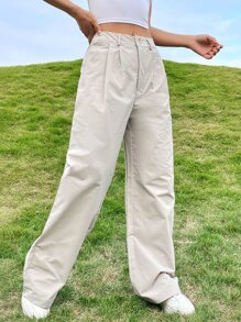 SHEIN Unity Solid Wide Leg Trousers - Khaki - View 6