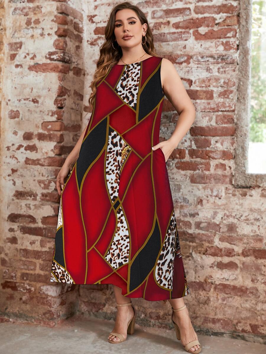 SHEIN LUNE 大碼豹紋撞色隱藏口袋連衣裙 - 彩色 - 查看 1