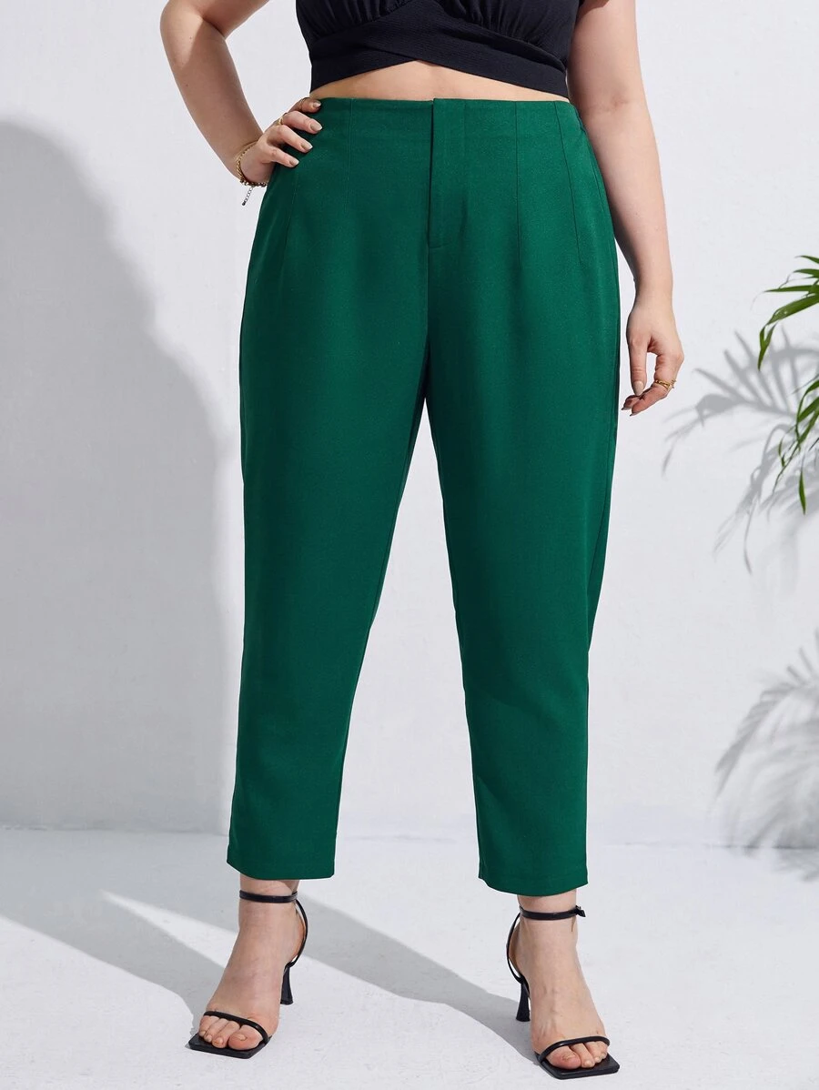 SHEIN Frenchy Plus Solid High Waist Trousers - Green - View 1
