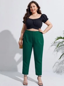 SHEIN Frenchy Plus Solid High Waist Trousers - Green - View 6