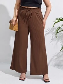 SHEIN Frenchy Plus Paperbag Waist Knot Front Wide Leg Trousers - Coffee Brown - View 1