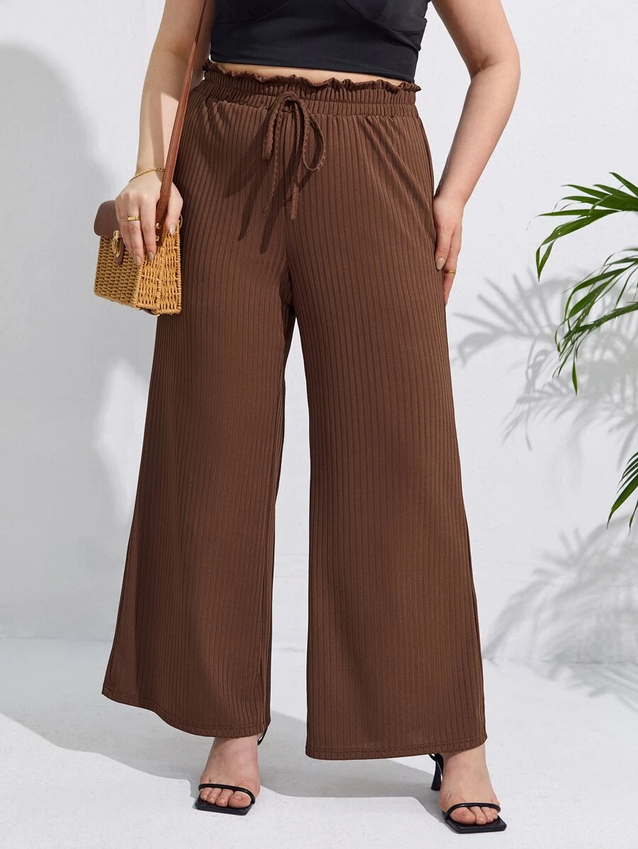 SHEIN Frenchy Plus Paperbag Waist Knot Front Wide Leg Trousers - Coffee Brown - View 1