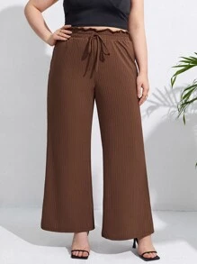 SHEIN Frenchy Plus Paperbag Waist Knot Front Wide Leg Trousers - Coffee Brown - View 4