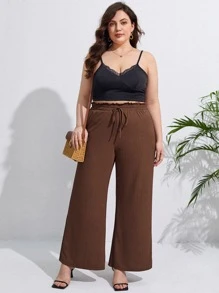 SHEIN Frenchy Plus Paperbag Waist Knot Front Wide Leg Trousers - Coffee Brown - View 5